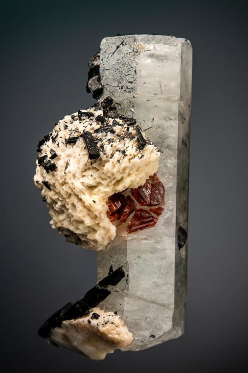BERYL var. Aquamarine with SPESSARTINE, Tourmaline, and ALBITE (repaired)